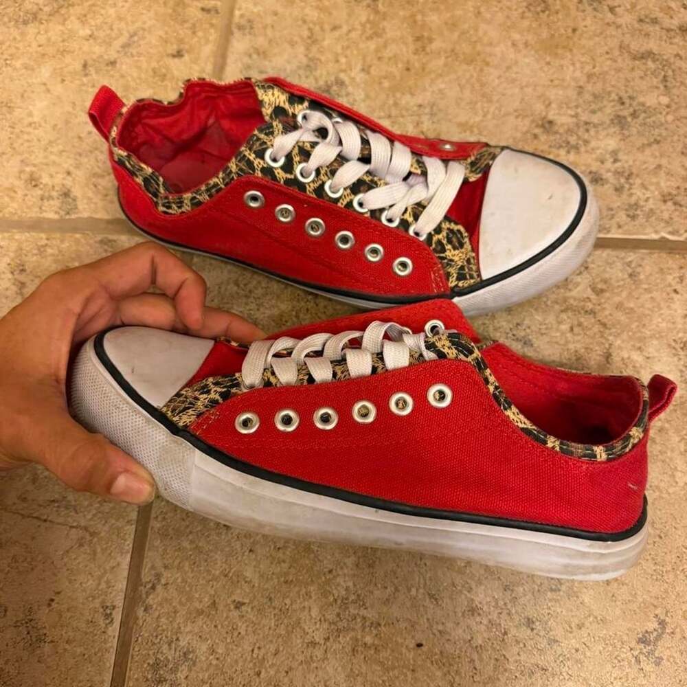 Twisted Red Canvas Sneakers Size 8 Leopard Print Accent Shoes